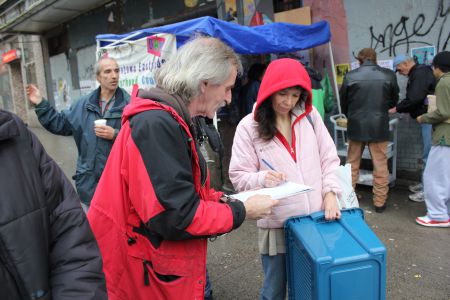 Petition drive in front of the Pantages Theatre 
