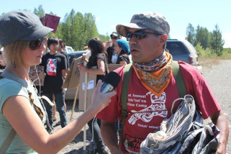 Sheila interviews Mel Bazil of the Wet'suwet'en Nation. photo: Adam Thomas