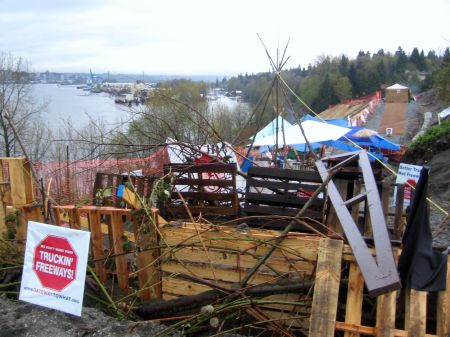 The rain subsides for a while shortly after dawn on day 5 of the South Fraser Protection Camp. Photo: Sandra Cuffe