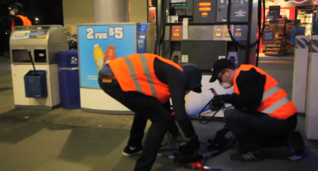 Chevron gas pumps disabled with bike locks.
