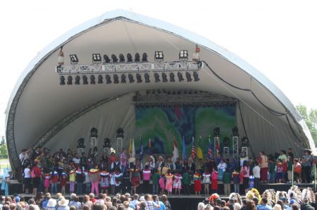A children's singing group performed at the opening ceremonies of the Truth and Reconciliation Commission national event in Saskatoon. Photo: Sandra Cuffe