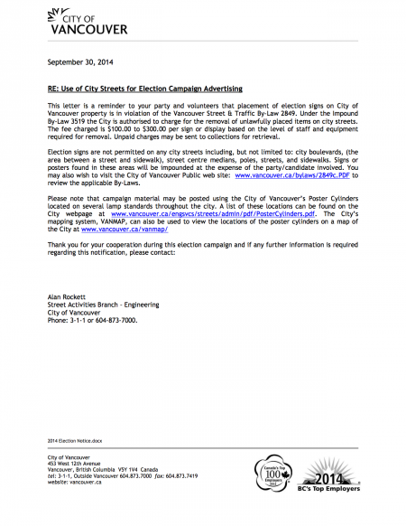 City of Vancouver Memo 30 Sept 2014