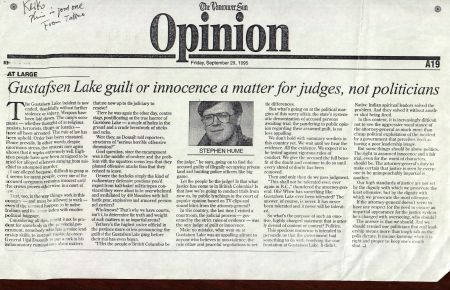 Stephen Hume in The Vancouver Sun, 1995. Opinion on Dosanjh's public relations work on the Gustafsen Lake siege.