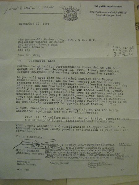 This fax is a request from BC's Attorney General for more sniper rifles from the Canadian Armed Forces. He clarifies the RCMP will use them against the Ts'peten Defenders.
