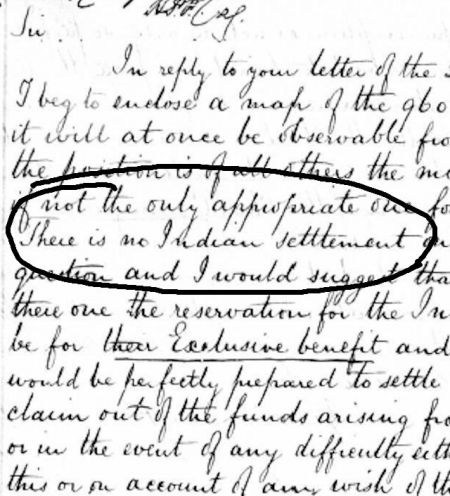 BC Attorney General George Cary's letter to claim lands for his company on the Bella Coola River, describing heavily populated Nuxalk village lands as "empty."