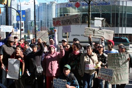 On Refugee Rights Day, dozens came out to protest Bill C-31. Vancouver, April 4, 2012. Photo: Sandra Cuffe