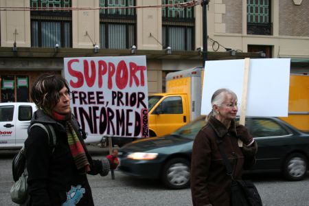 Free, Prior, and Informed Consent (FPIC) support at the Yinka Dene Alliance support rally. Vancouver, March 22, 2011. Photo: Sandra Cuffe