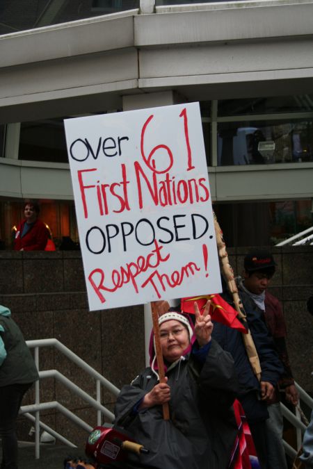 Wet'suwet'en Indigenous activist Telqua highlights widespread Indigenous opposition to Enbridge's Northern Gateway project. Vancouver, March 22, 2011. Photo: Sandra Cuffe