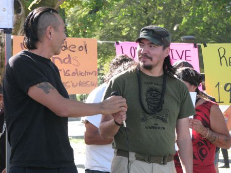 Ishkadi receives the mic from Hotseta. Both men told of the significance of Wolverine's visit to their Tahltan territories.