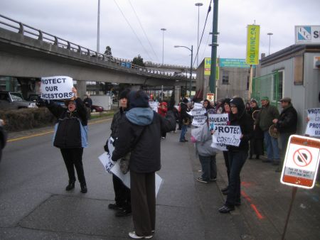 Musqueam First Nation members, supporters halt condo construction at Marpole midden site. Vancouver, March 12, 2012. Photo: Sandra Cuffe
