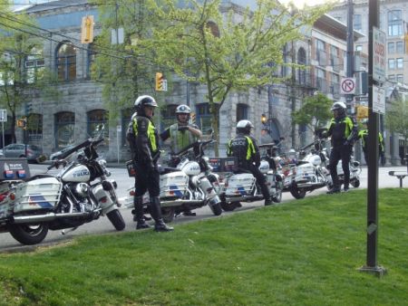 About 20 cops were set up around the rallying point at Victory Square, including these motorcycle cops. About 20 cops were set up around the rallying point at Victory Square, including these motorcycle cops.