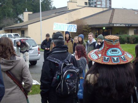 Gathering outside the UBC RCMP station.