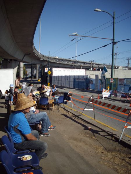 Arthur Laing bridge on ramp overlooks blockade.