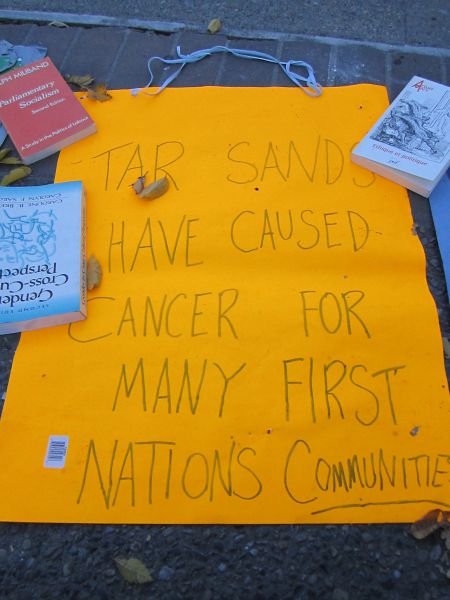 Surrounded by sky scrappers belonging to oil giants, anti tar sands sentiment is high at the Olympic Plaza occupation