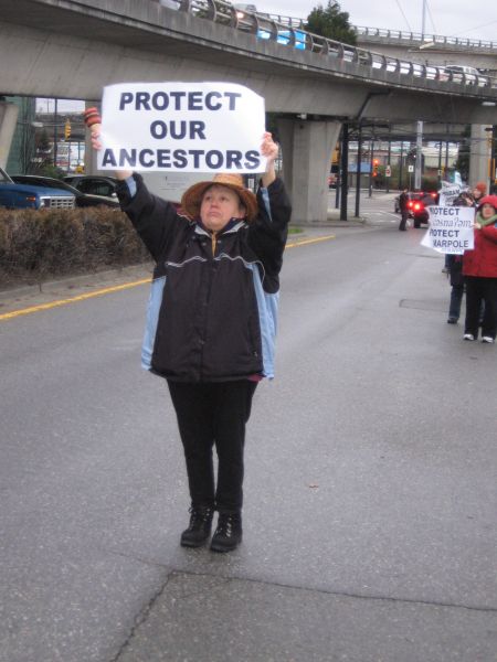 Musqueam First Nation members, supporters halt condo construction at Marpole midden site. Vancouver, March 12, 2012. Photo: Sandra Cuffe