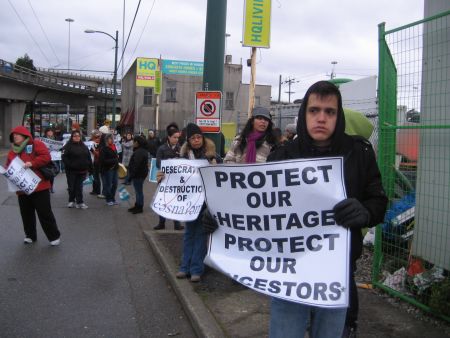 Musqueam First Nation members, supporters halt condo construction at Marpole midden site. Vancouver, March 12, 2012. Photo: Sandra Cuffe