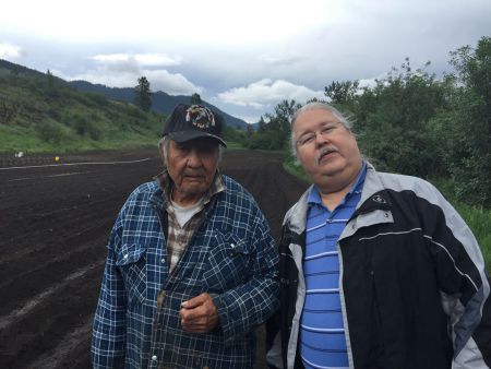 AFN National Chief candidate Russell Diabo, Mohawk, on left of Wolverine, the late Secwepemc traditionalist and sovereigntist, at Wolverine's farm in Neskonlith.