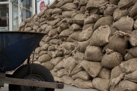 Sandbag barricade for climate justice in Vancouver. Photo: Erin Empey