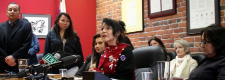 Cee Jai Julian speaks to reporters, as (l to r) Grand Chief Stewart Phillip, Mona Woodward, Lisa Yellow-Quill, relatives of missing & murdered women, and Marlene George look on. Vancouver, April 10, 2012. Photo: Sandra Cuffe