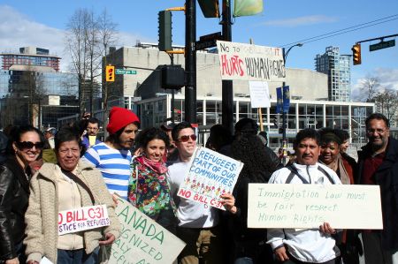 Rally to defeat Bill C-31. Outside the IRB office at West Georgia and Hamilton. Vancouver, April 4, 2012. Photo: Sandra Cuffe