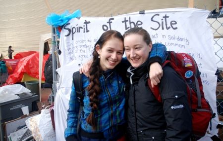 Tanisha Salomons and Lauren Gill, born and raised in East Vancouver, with the Committee Advocates for Little Mountain, spent the night at Tent City last night.
