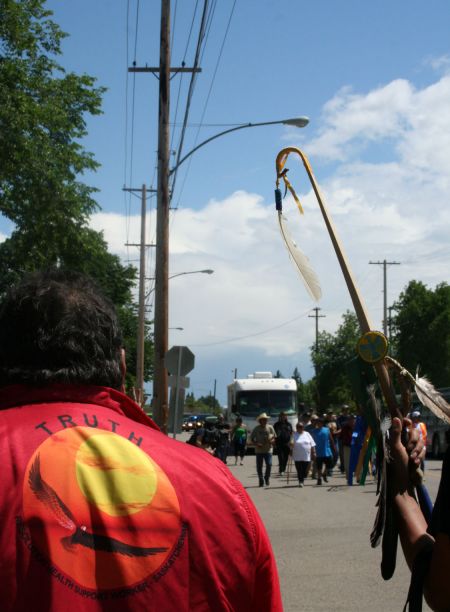 People attending the TRC national event gathered outside to welcome the Indian Residential School Survivor Walk. Photo: Sandra Cuffe