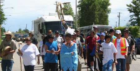 The Indian Residential School Survivor Walk arrived at the Truth and Reconciliation Commission national event in Saskatoon after walking 138km from St. Michael's residential school in Duck Lake, SK. Photo: Sandra Cuffe