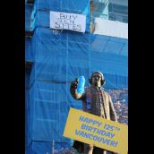 Banner drop at city hall