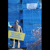 Banner drop at city hall