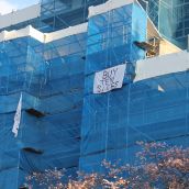 Banner drop at city hall