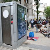Broken, useless (for the most part) toilet in Pigeon Park (DNC requsts city fix it)