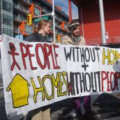 Tent City banner in front of Olympic Village sales office