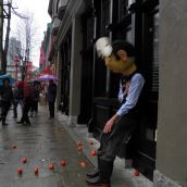 Bob Rennie stand-in gets pelted outside the Millenium Waters office