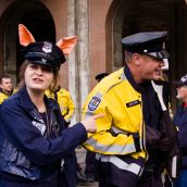 Alissa Westergard-Thorpe of ORN jokes with VPD - Anti-Olympic Torch Ceremonies, Victoria BC 2009