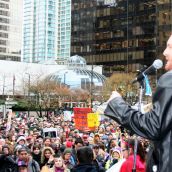 Ben West of the Wilderness Committee speaks out on the Kinder Morgan pipeline. Vancouver, March 26, 2012. Photo: Sandra Cuffe