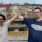 Council of Canadians' Amit Praharaj and TMC's Darryl Richardson with the exposed pipe