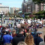 Leaving the legislature, the march snakes through downtown Victoria. April 15, 2012. Photo: Sandra Cuffe