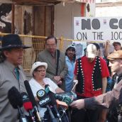 Downtown Eastside (DTES) residents gathered outside the Pantages demolition site on Monday, July 16 to draw attention to rats and rubble disaster that festered in their community for over a year, and to demand action from the City of Vancouver. Photo credit: Downtown Eastside Not for Developers Coalition