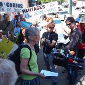 Downtown Eastside (DTES) residents gathered outside the Pantages demolition site on Monday, July 16 to draw attention to rats and rubble disaster that festered in their community for over a year, and to demand action from the City of Vancouver. Photo credit: Downtown Eastside Not for Developers Coalition
