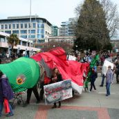 The salmon leading the march arrives in Centennial Square. Victoria, April 15, 2012. Photo: Sandra Cuffe