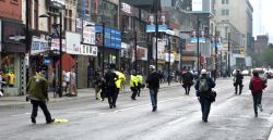 4:10:31. Yonge Street.  Police running to keep ahead of demonstration