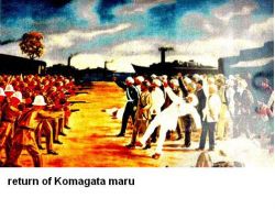 An artist's redering of British agression against the Sikhs returing to Calcutta (India) on the Komagata Maru. (sikhpioneers.org)