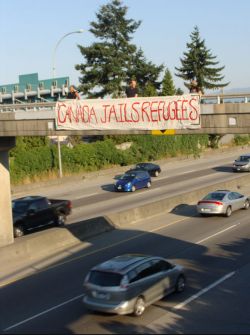 The banner was unfurled during rush hour