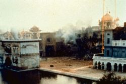The destruction and burning of the Golden Temple complex on the orders of Indira Gandhi. The destruction and burning of the Golden Temple complex on the orders of Indira Gandhi.